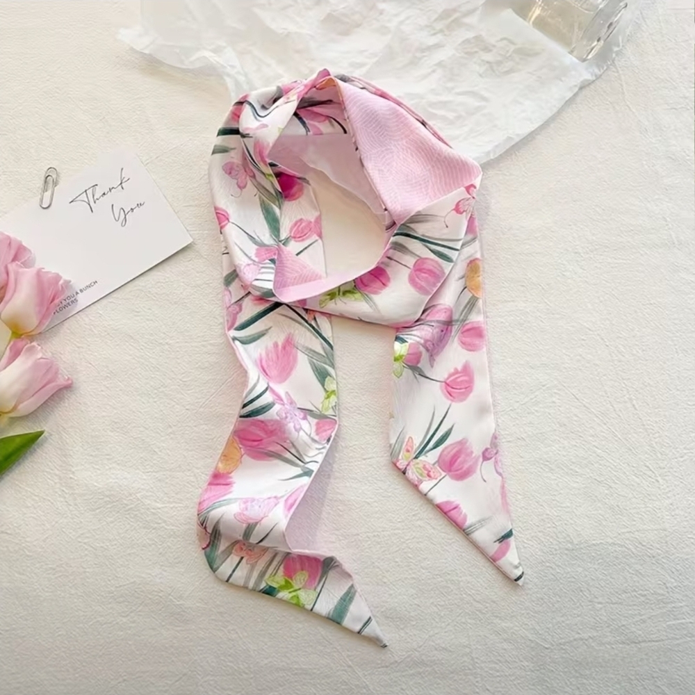 2× Bag Twilly Purse Skinny Scarf Pink Tulips And Butterflies